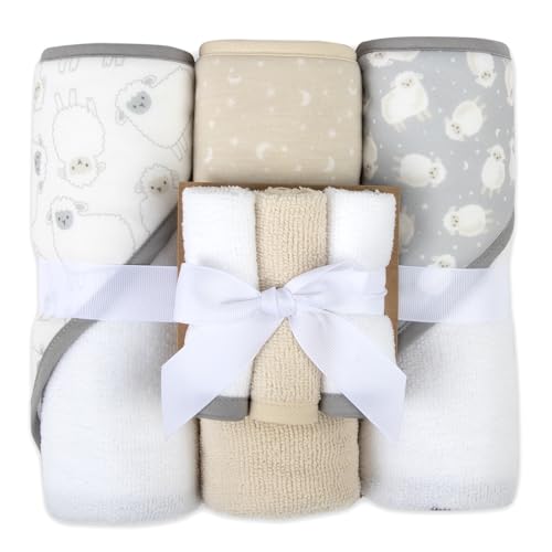 Image of Hooded Baby Bath Towel and Washcloth 6 Piece Set for Newborns, Infants & Toddlers, Boys & Girls Baby Hooded Towels Set (Little Lambs & Moons)