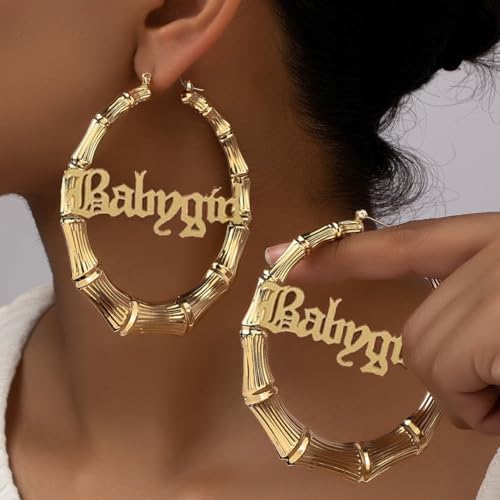 Large Bamboo Hoop Earrings Old English Font Babygirl Word Bamboo Earrings Hip-Pop Style Punk Party Accessory2