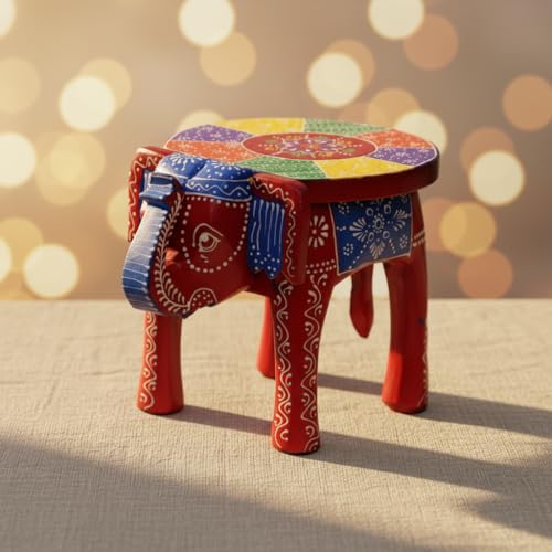 Image of Hand-Crafted and Colorful Emboss Painted Wooden Elephant Shape Stool Gardan Table,Decorative Showpiece (8 Inches Height, Red)