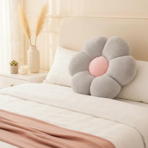 Image of AVSHUB Sunflower Shaped 6 Petal Cute Preppy Decorative Throw Pillow|Floor Cushion with Fibre Filling for Aesthetic Decoration (Grey, 50CM)