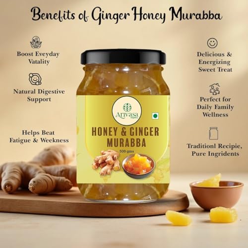 Image of Arivasa Organics Ginger Murabba with Honey (500g) Pure Adrak Ka Murabba with Organic Ginger Extract & Honey, Perfect for A Tasty & Healthy Treat & Daily Wellness (No Artificial Preservatives or Flavors)