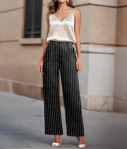 Image of Feiersi Womens Casual Wide Leg Pants High Waisted Button Down Straight Long Trousers Palazzo Pants
