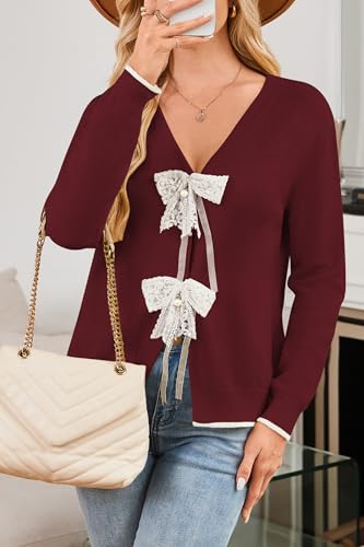 Image of Cakulo Womens Bow Tie Sweater V Neck Cardigan Sweaters 2026 Lightweight Spring Fashion Knit Cardigans Outfits