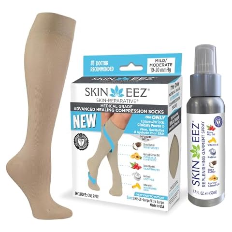 Skineez Medical Grade Compression Socks 10-20mmHg and Replenishing Spray, Firm, Moisuturize & Revitalize Skin, Relieve Foot, Arch, Heel, Calf, and Ankle Pain, Tan, L/XL, 1 Pair, 1 Spray Cover