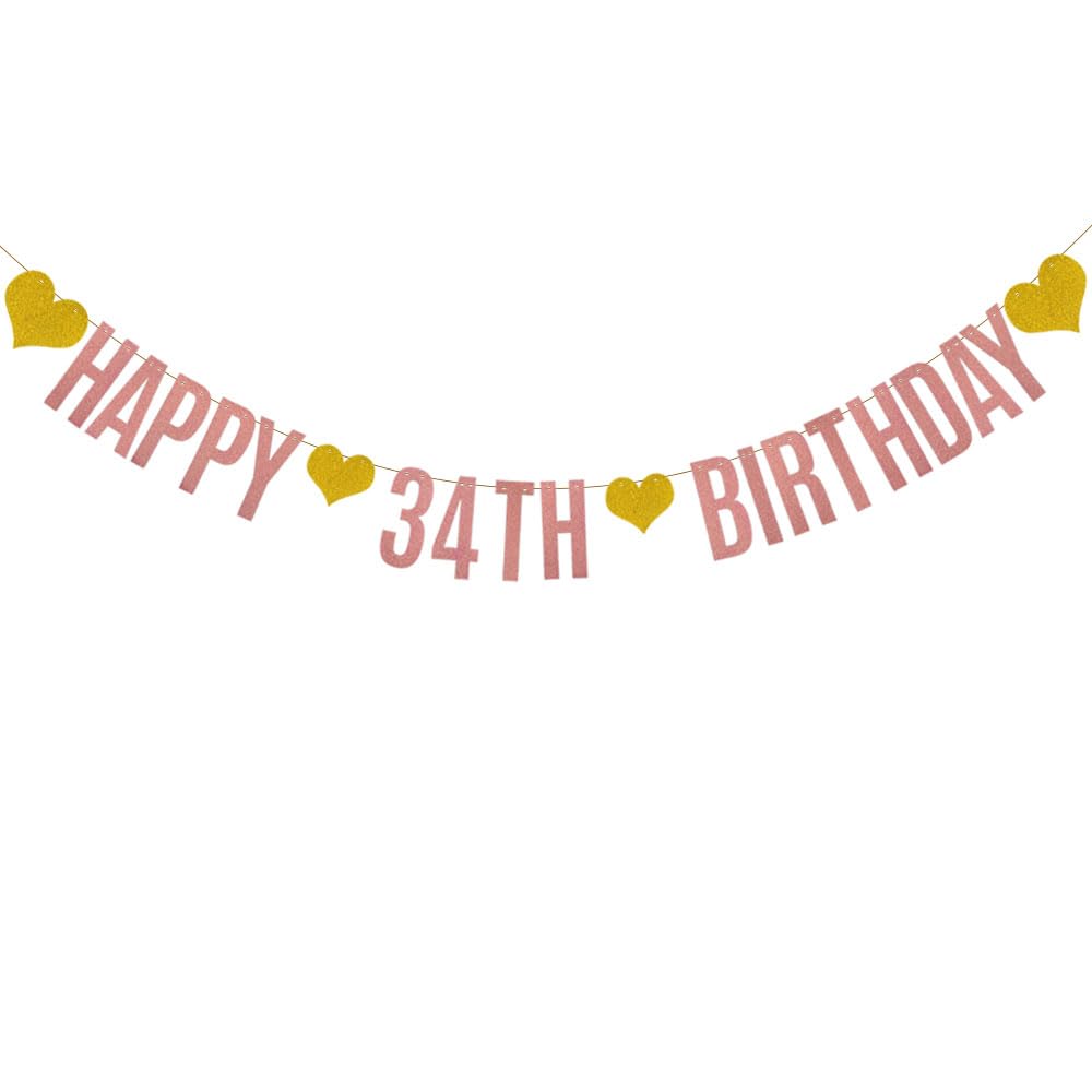 Bannière Happy 34th Birthday pré-cordée en papier or rose pailleté ZHAOFEIHN