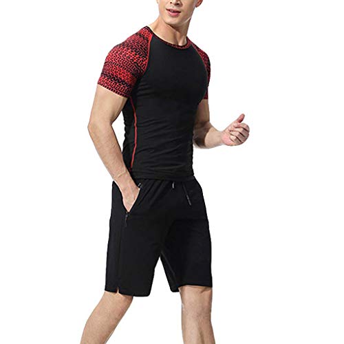 Pingtr Mens Compression Sports Suit,Men's Elastic Fitness Short T-Shirt Fast Drying Tops Pants Sports Tight Suit Red