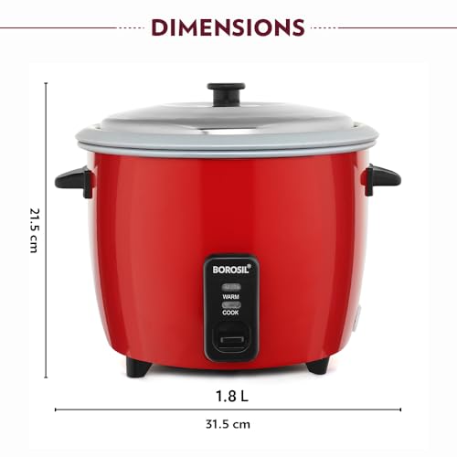 Image of Borosil 1.8L Pronto Dual Electric Rice Cooker | Keep Warm Feature with Indicator Display, Anti Skid Rubber Feet | Cook & Boil Noodles, Rice, Upma, Idli, Dhokla | 2 Years Warranty