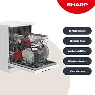 SHARP QW-NA1CF47EW, Freestanding, Dishwasher, 13 Place Settings, White LED Display, Active Drying, White Colour
