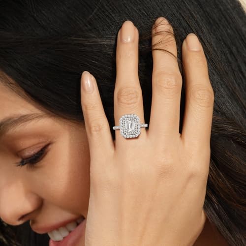 Jewelili Fine Silver Plate Octagonal & Round-cut Cubic Zirconia Double Halo Engagement Ring Wedding Fashion Jewelry for Women3