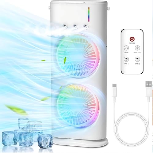 Image of 4000MaH DoUbLe EnDeD SpRaY FaN, CoLd AiR, 2025 NeW 3 GeArS UsB ReChArGeAbLe OsCiLlAtInG OnE WiTh LeD LiGhT CoOlEr, ToUcH & ReMoTe CoNtRoL, 280Ml WaTeR TaNk, IcE FiLlInG