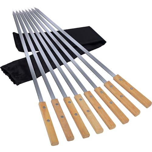 GXFCING 8 Piezas Brochetas Barbacoa Planas de Acero Inoxidable 55 cm Brochetas Extralargas con Mango de Madera Brochetas de Barbacoa Reutilizables Pinchos de Metal