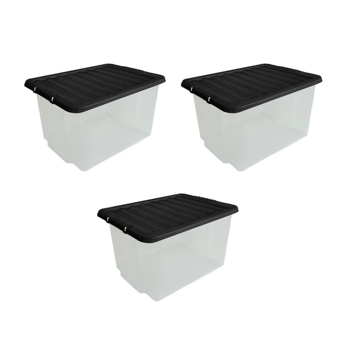 Aspect Pack of 3 Transparent Plastic Storage Bins with Lids Sturdy Design for Stackable Organization Ideal for Home & Accessory Storage Versatile and Functional Storage Solutions (Black, 30 Litres)