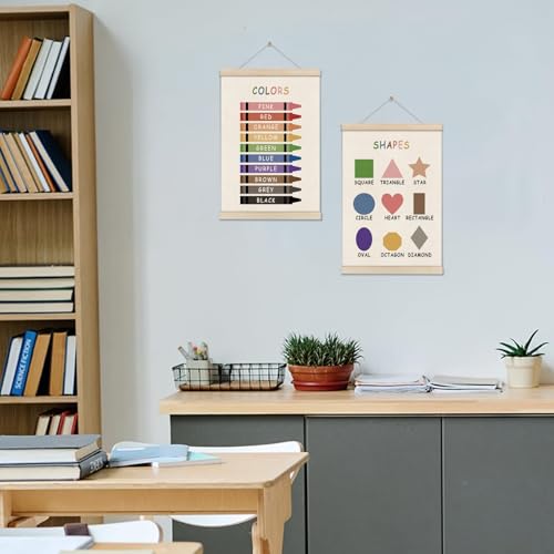 Image of Colors Shapes Posters Hanger Frame, Educational Posters for Toddler Kids, Set of 2 Montessori Nursery Wall Decor, Learning Artwork for Nursery Kids Room, Homeschool, Boho Classroom Decor 16x12 Inch