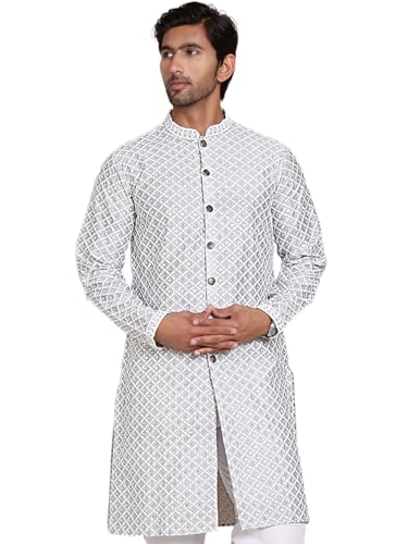 Image of Jompers Men's Silk Blend Regular Fit Sequin Chikankari Front Open Kurtas