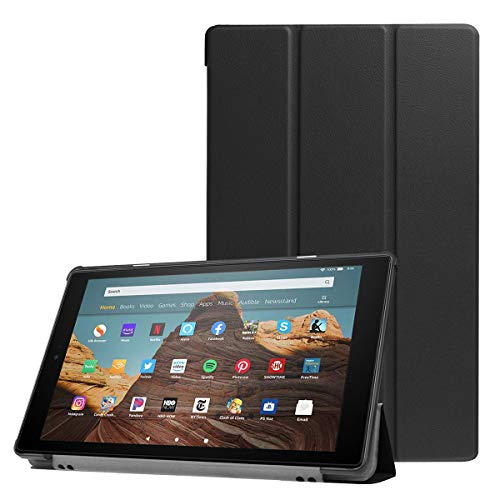 SATURCASE Case for Amazon Fire HD 10 2019 Released (9th Generation), PU Leather Flip Foldable Folio Stand Protective Tablet Cover with Auto Sleep/Wake Function (Black)