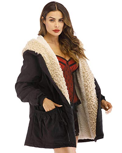 Aofur Womens Casual Fleece Jacket Hooded Thick Warm Winter Coat Trench Parka Zipper Fur Lining (Large, Beige)