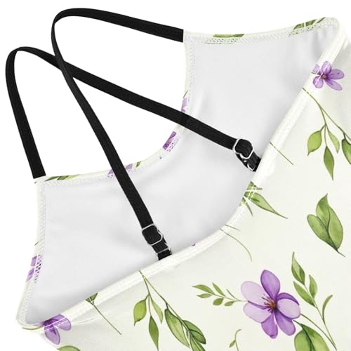 Purple Flowers Cream Girls' Athletic Swimwear, Summer Beach Bathing Suit, 3-104