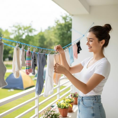 Image of Hanging Rope with 8 Clips for Clothes Drying | Polyethylene Quality, 5m Lenght of 1 Set
