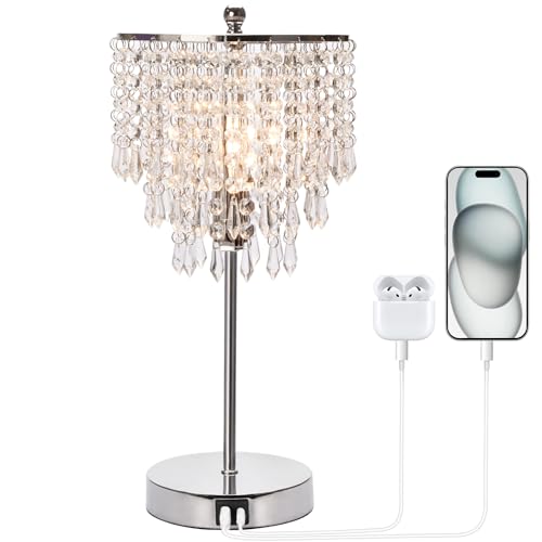 Touch Control Crystal Table Lamp with USB C+A Charging Ports, 3-Way Dimmable Bedside Touch Lamp...