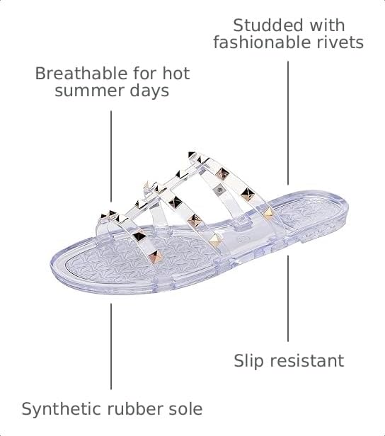 Image of Women Flats Sandals, Studded Jelly Shoes Size 9 Red Dressy Summer Beach Rivets Strappy Jellies Slide Slip On Open Toes