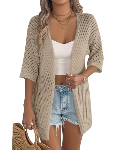 Image of Zeagoo Lightweight Summer Cardigan for Women Short Sleeve V Neck Crochet Kimonos Loose Open Front Hollow Out Cover Ups
