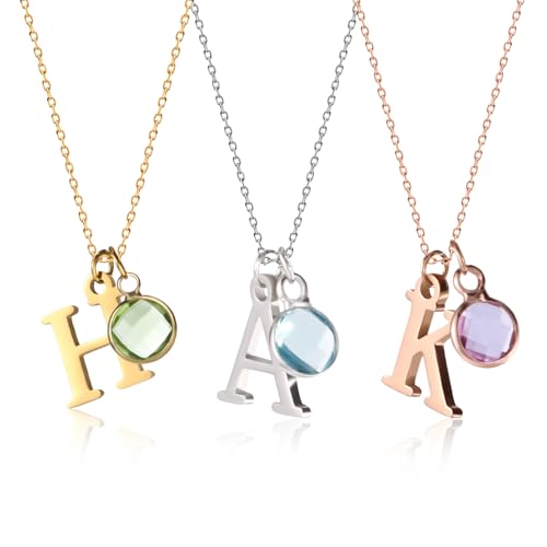 Personalized birthstone initial necklaces featuring gold, silver, and rose gold finishes, ideal for unique Christmas gifts for women.