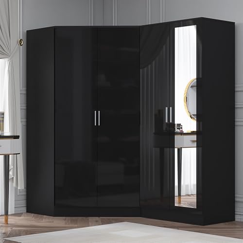 Reflect 2 Piece Wardrobe Bundle | 2 Door Corner + 2 Door Mirror | Black Gloss & Black Oak Finish | H: 180cm x W: 179cm x D: 103cm | Modern Bedroom Furniture Storage Solution