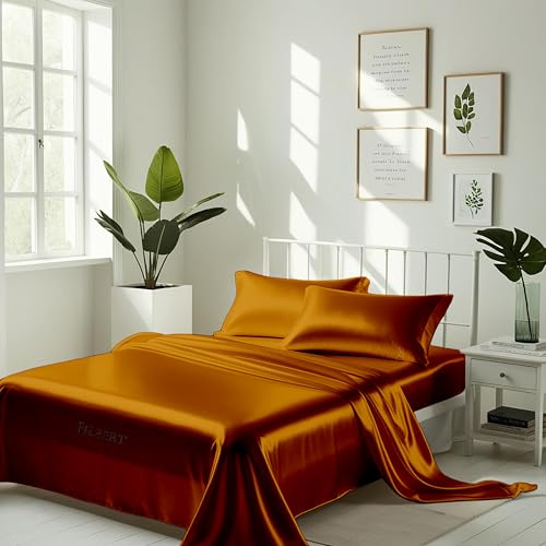 Image of Filbert Satin Bedsheet with 2 Pillow Covers | 90x100 in | 300 TC | Midnight Luxe Satin Dreams Collection for Double Bed | UltraSatin Premium Bedding Set | Copper