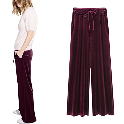 Pantalones de terciopelo para mujer, cintura elástica, pierna ancha, talla grande, pantalones deportivos de terciopelo con cordón sólido, pantalones casuales palazzo, de gran tamaño, cómodos