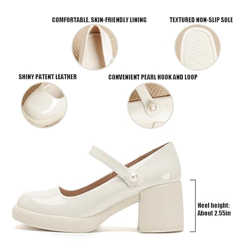 Women's Patent Leather Mary Jane Platform Chunky Heel Pumps Classic Round Toe Ankle Strap Non-Slip Mid Block Heel Dress Shoes with Adjustable Hook and Loop3