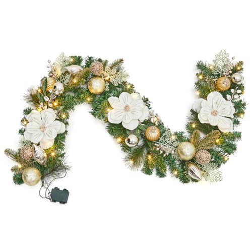 GarveeHome 6FT Christmas Garland with Lights, Prelit Christmas Garland for Mantle with 20 LED Lights Timer Gold Balls Magnolia Flower, Indoor Outdoor Xmas Garland for Fireplace Holiday Decorations