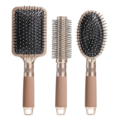 Image of FWQPRA Hair Brush for Women and Men, 3Pcs Paddle Brush Detangling Brush Hair Comb Set for Long Thick Thin Curly Hair, Hairbrush Great On Wet or Dry,(Gold)