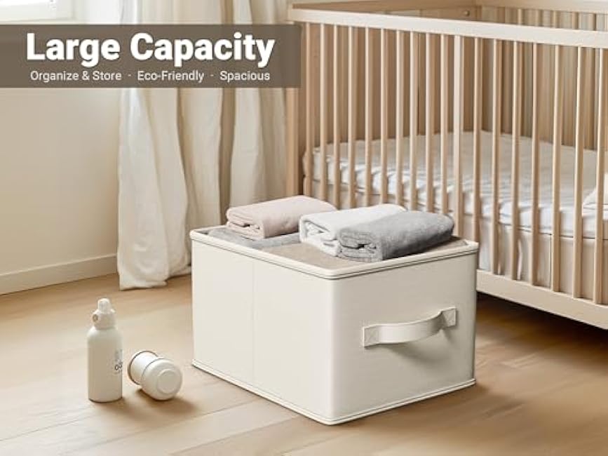 3 Pack Fabric Storage Bins for Shelves | 14? L*10? W*8? H Closet Storage Bins | Collapsible Closet Organizers for Clothes | Linen Clothes Bins | White & Ivory