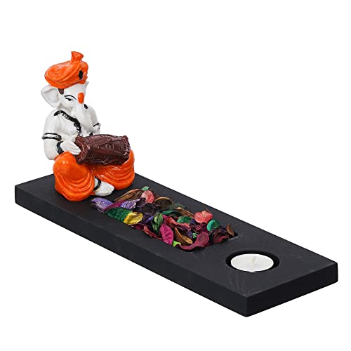 Image of eCraftIndia Orange White Resin Lord Ganesha Idol Playing Dholak Showpiece Potpourri Rectangle Tea Light Candle Holder| Ganpati Murti Tea Light Holder Diwali Decoration Items for Home Decor|Diwali Gift