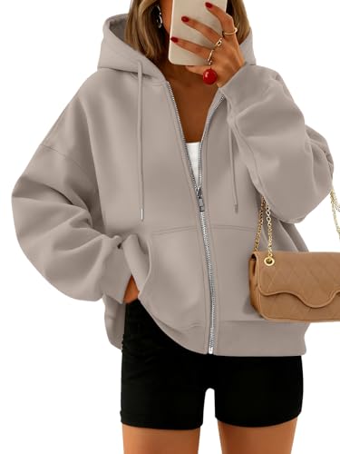Trendy Queen Zip Up Hoodies For Women Oversized Sweatshirts Fall Fashion Outfits 2025 Cropped Pullover Sweaters Y2k Fleece Jackets Comfy Gym Tops Teen Girls Clothes CoffeGrey XL