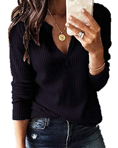 Twotwowin Womenâ€™s V Neck T Shirts Waffle Knit Casual Long Sleeve Cotton Tops Blouse Black