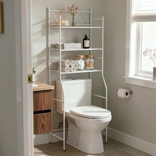 Image of Home Zone Living Over-the-Toilet Bathroom Storage Cabinet Organizer | Freestanding Steel Frame Design with 3-Tier Shelves, Wide Stabilizing Base and Adjustable Feet, White