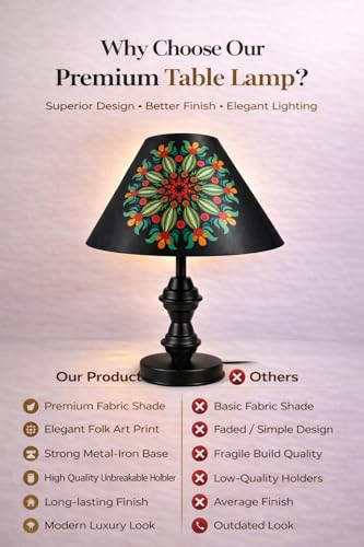 Image of tu casa Modern Table Lamp with Crimson Floral Satin Shade | Metal Iron Base Decorative lamp for Living Room| Study & Home Decor, Designer Table Lamp for Gifting (Radiant Mandala Bloom)