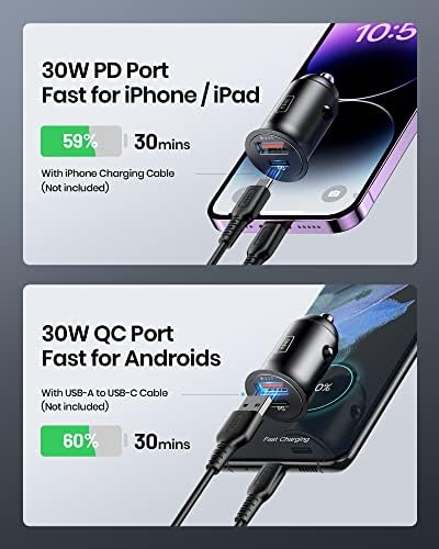 INIU Ładowarka samochodowa, łącznie 60W PD 3.0 5A szybkie ładowanie USB A USB C ładowarka samochodowa, wszystkie metalowe ładowarki samochodowe USB do iPhone 13 Pro Max Samsung Galaxy AirPods laptopy