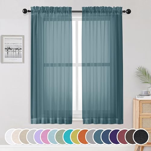 Image of OWENIE Sheer Curtains, 63 inch Length Set of 2, Rod Pocket Light Weight Voile Curtains & Drapes for Bedroom & Living Room, Each 42Wx63L inch, Dusty Blue