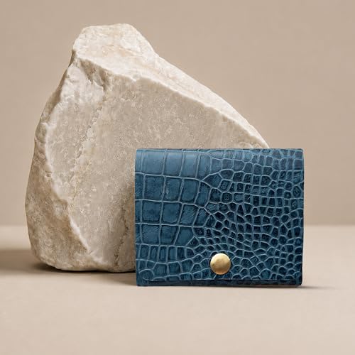 Image of STRUTT Croc Textured Genuine Leather Batua Wallet for Men & Women | Handcrafted Blue Leather Cash & Card Holder | Snap Button Closure | Compact Ethnic Money Pouch