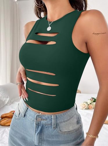 Image of LovelyWholesale Women Sexy Cut Out Crop Tank Tops Crew Neck Summer Sleeveless Top