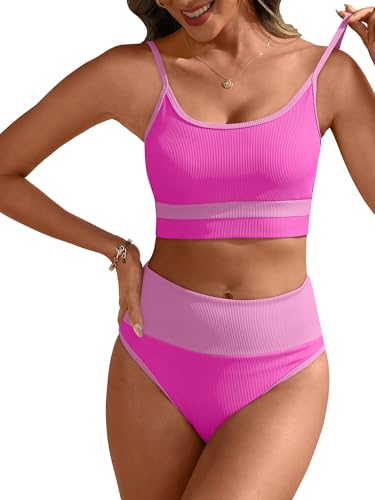 Image of ANRABESS Women's High Waisted Bikini Sets,Color Block 2 Piece Swimsuits,Tummy Control Bathing Suits,Thick Ribbed Beach Wear