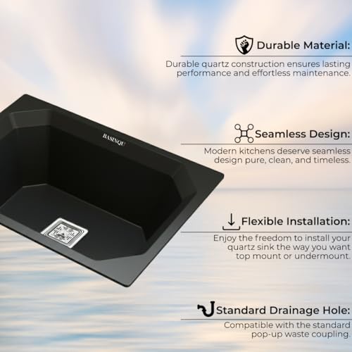 Image of BASINQU Quartz Sink for Kitchen | 24x18x9 Inches Black Single Bowl Sink For Kitchen Basin Diamond Designed | Granite UV Protected Scratch Resistant, Undermount /Topmount Kitchen Sinks