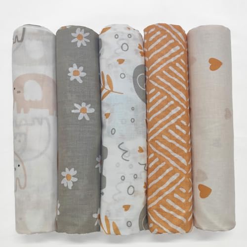 Image of Trance Home Linen Super Ultra Soft 100% Cotton Malmal Baby Swaddle Cloth | Baby Wrap for New Born Babies | Skin Frindelly Soft Baby Towel |New Born Swaddles-(100x100 Cm, Terra Tots,Pack of 5)