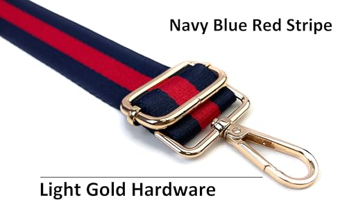 Image of Classic Navy Blue Red Stripe Purse Strap with Light Gold Hardware 1-1 /2 Inch Wide Replacement Crossbody Guitar Style Shoulder Strap for Handbags Totes
