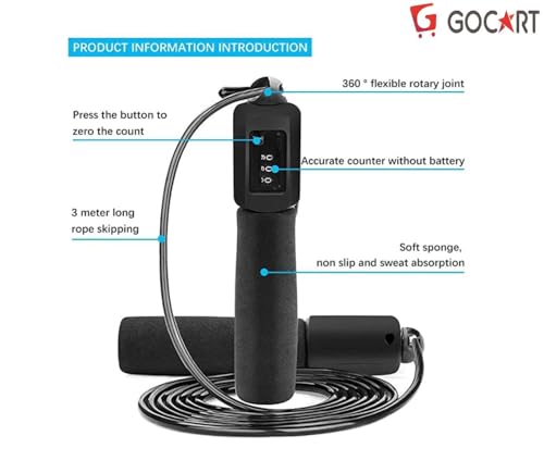 Image of GOCART WITH G LOGO Jump Ropes Sports Fitness Exercise Cotton Sponge Count Rope Skipping Wire Fitness Outdoor Sporting Skip Rope (Black-)