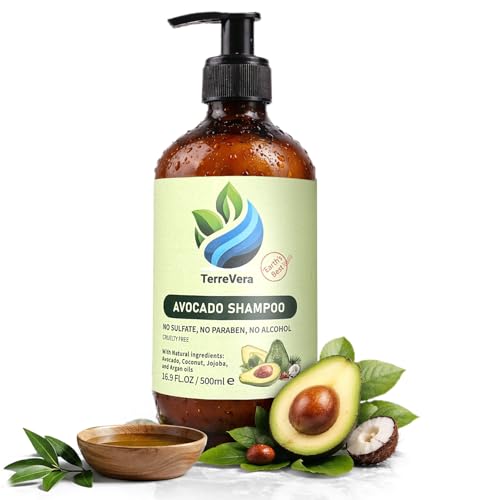 Image of TerreVera Avocado Shampoo, Salon Quality Sulfate Free Shampoo, With Avocado, Argan, Coconut & Jojoba Oils, Hydrating & Strengthening Formula, For Men and Women 16.9 fl oz