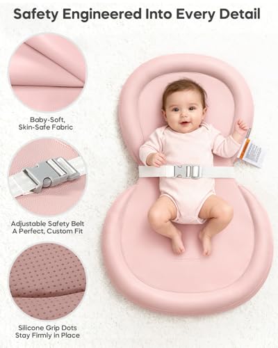 Image of Baby Changing Pad, Waterproof Wipe-Clean Non-Slip Foldable PU Surface with Adjustable Safety Belt, Compatible with Dresser & Changing Table, 30 inchX18 inch, Pink