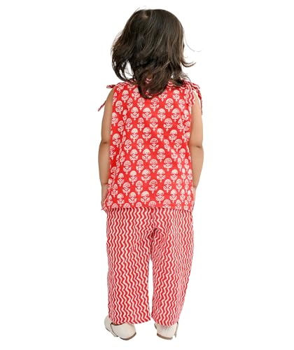Image of Baby Girls' Dresses Cotton Clothes Top Pant Set 1 To 4 Years White Red Birthday Party Sleeveless Outfit Children Shoulder Tie Summer Wear